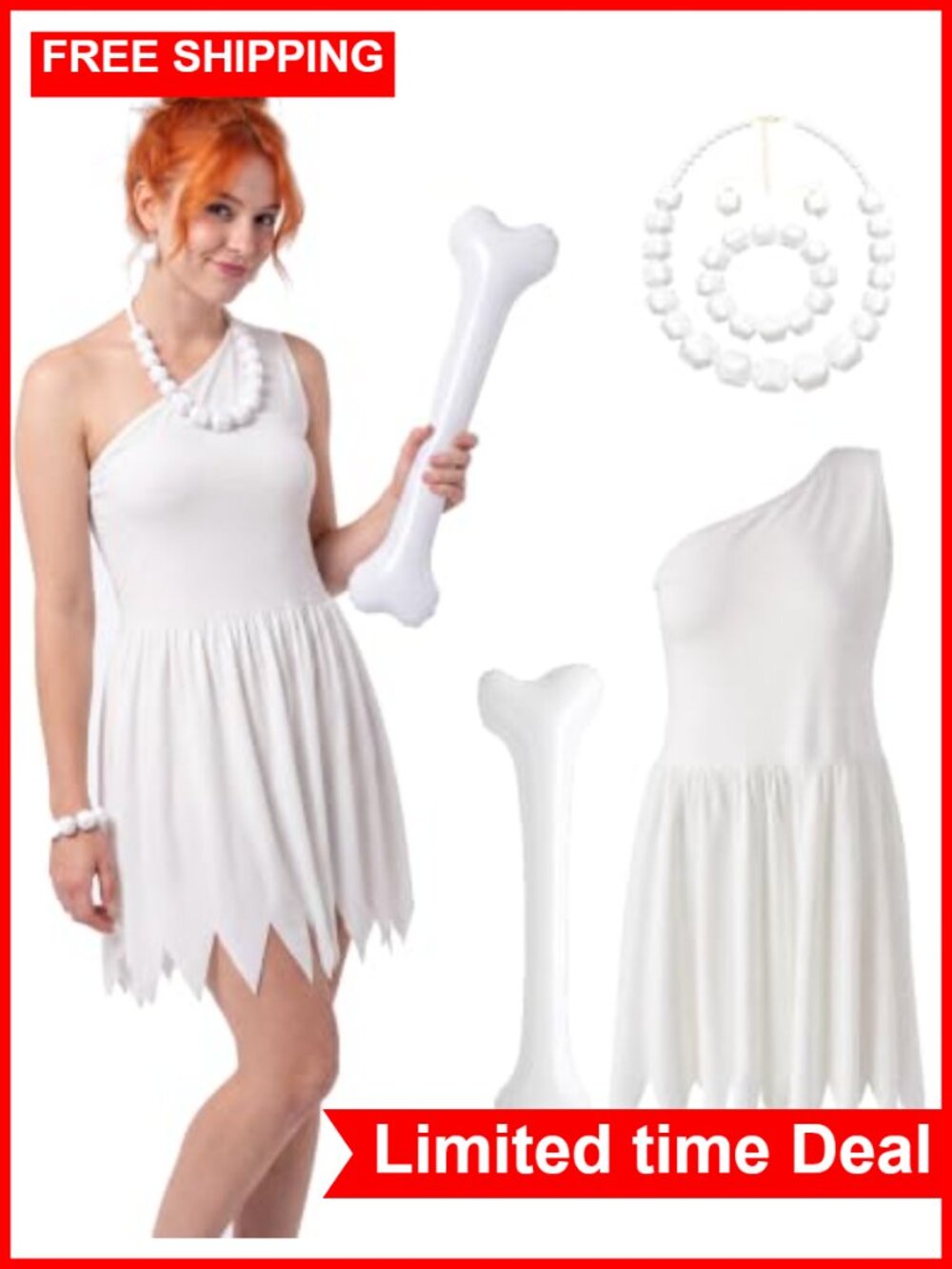 Cave Girl Halloween Costume One-Shoulder Dress Inflatable Bone Jewelry Set